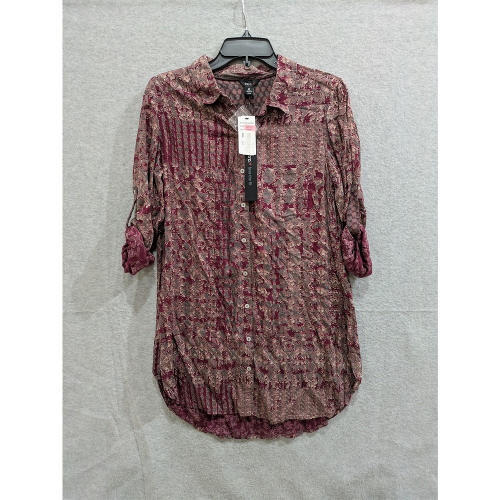 Intro Tunic Blouse Womens Medium Roll Tab Sleeve 100%‎ Rayon Floral Burgundy NWT